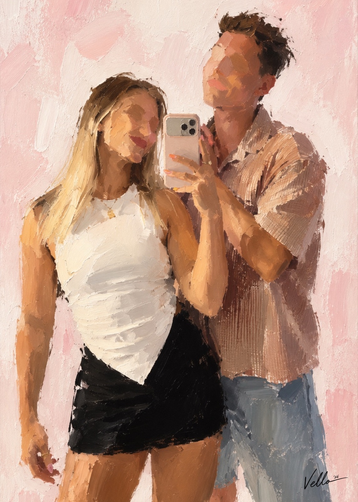 Vello #001, a couple photographed in a mirror, in warm impasto on pale pink