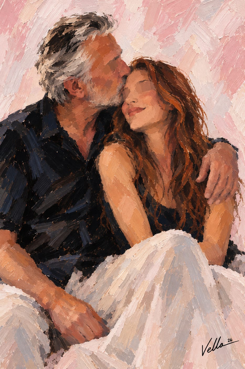 A grey haired man kissing a red haired woman on the temple, on a pale pink ground, as a Vello artwork