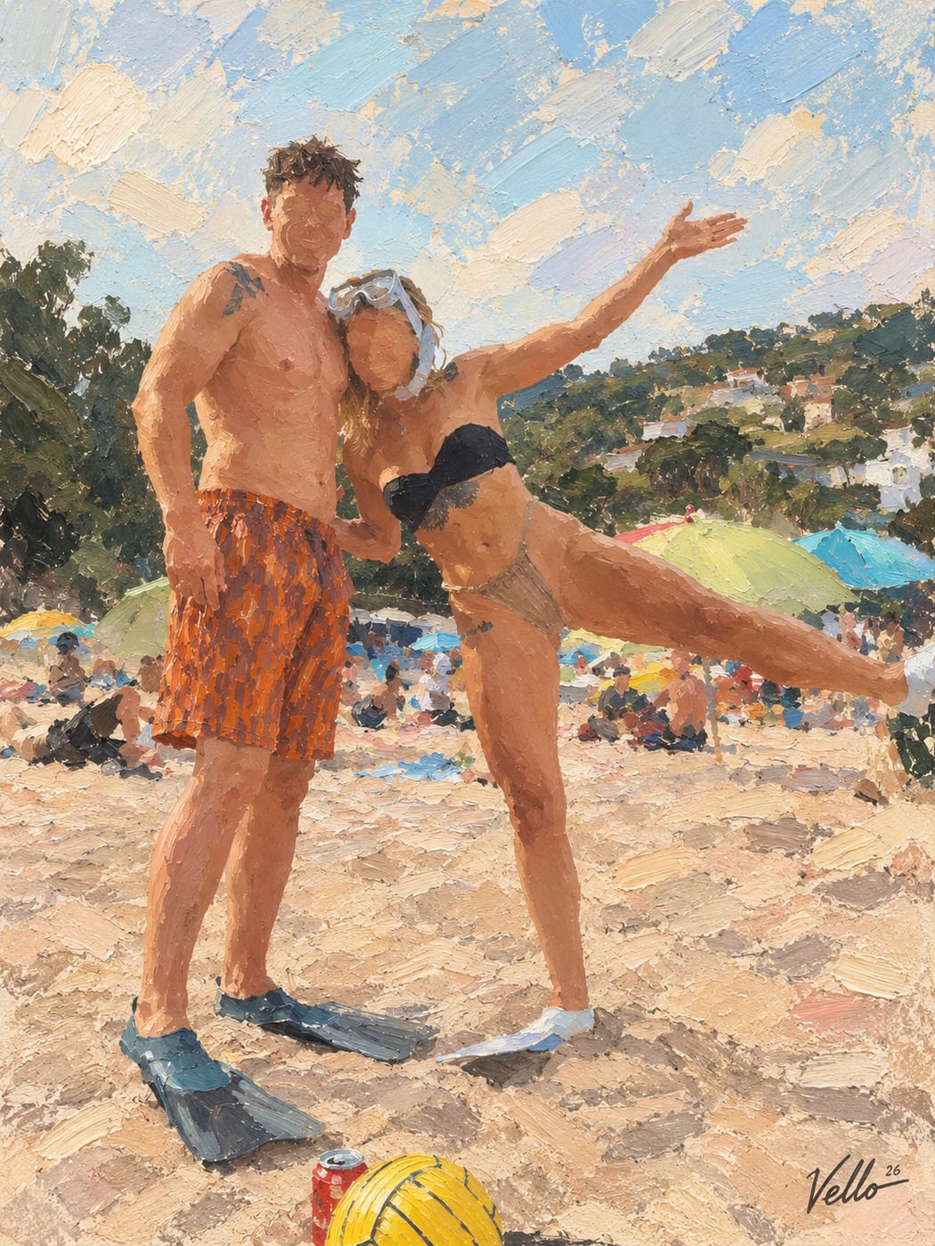 A couple on a crowded beach, snorkel mask and flippers on, as a Vello artwork