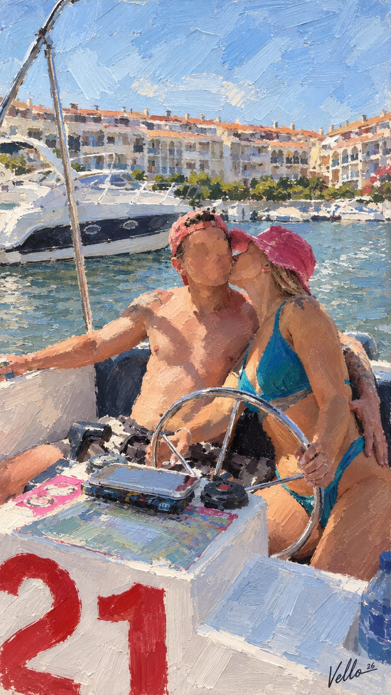 A couple kissing at the wheel of a small boat in a harbour, as a Vello artwork