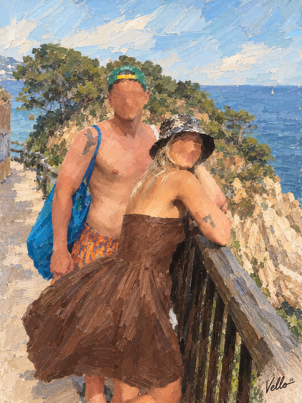 A couple at a wooden rail above the sea, as a Vello artwork