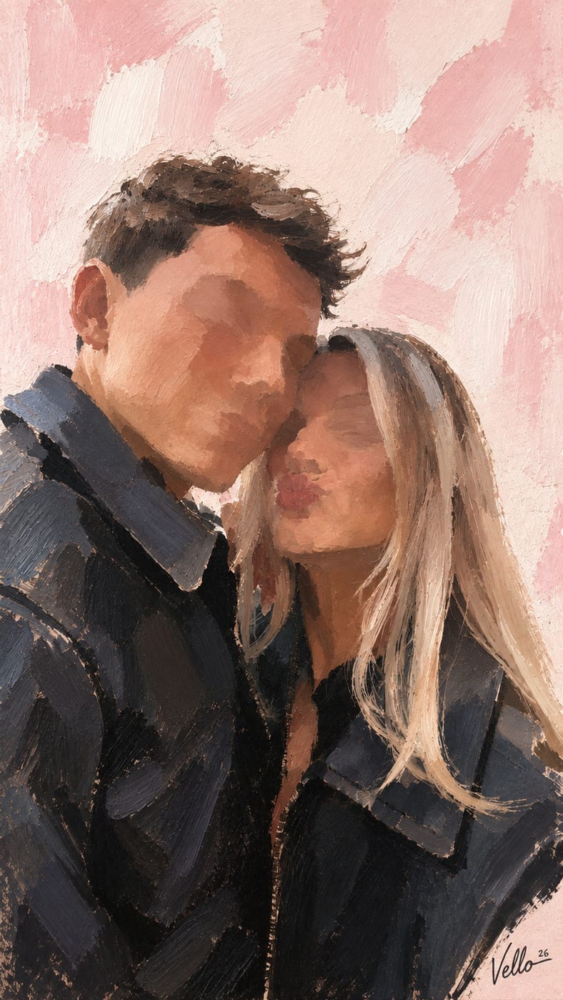 A couple cheek to cheek on a pale pink ground, as a Vello artwork