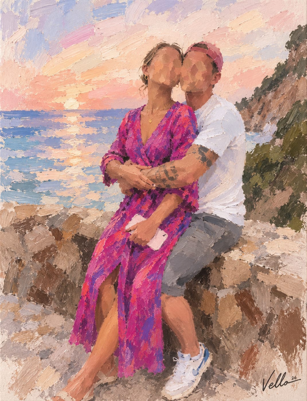 A couple kissing on the rocks by the sea at sunset, as a Vello artwork