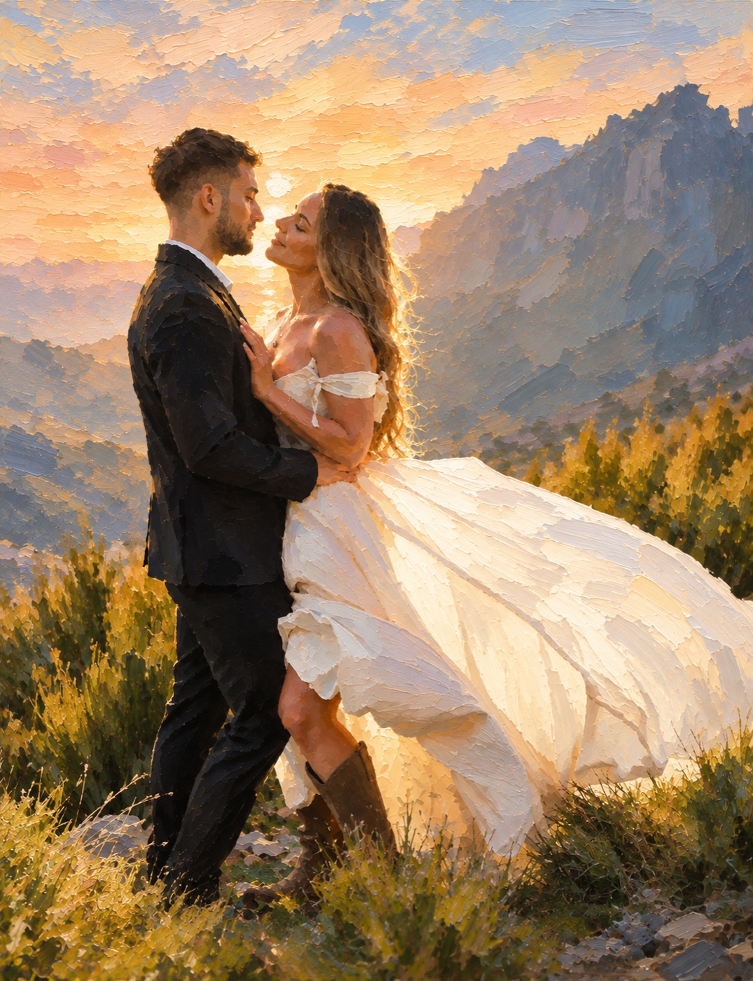 A couple in the mountains at golden hour, interpreted as a Vello artwork