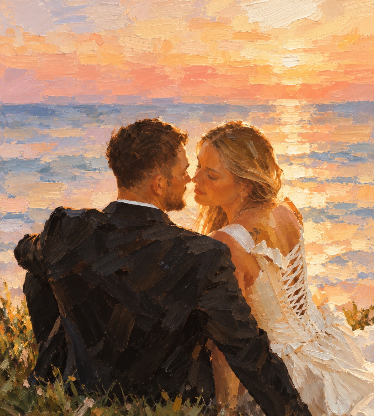 A couple by the sea at sunset, interpreted as a Vello artwork